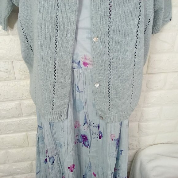 Vintage 90s 2-pc Set Floral Tank Dress & Cardigan Sweater Knit Linen Cotton M/L - Picture 3 of 15